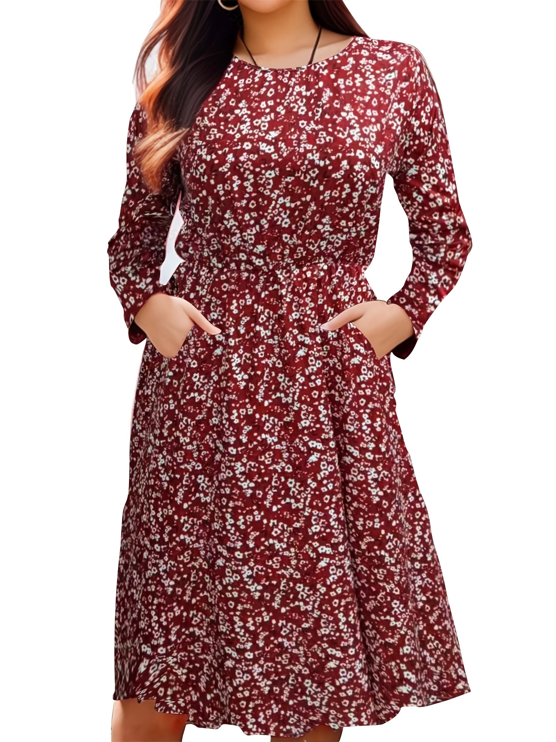  Boho Floral Print Long Sleeve Dress With Pockets
