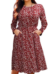  Boho Floral Print Long Sleeve Dress With Pockets