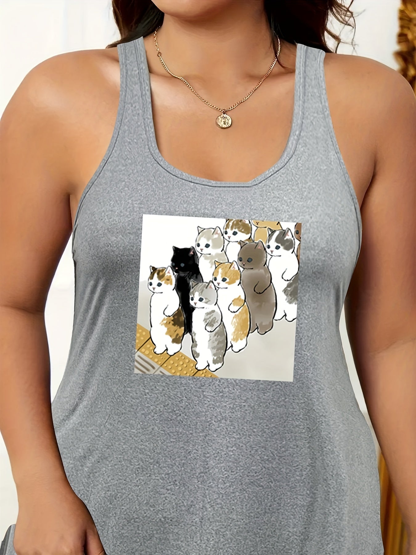  Cats Print Scoop Neck Tank Sleep Dress