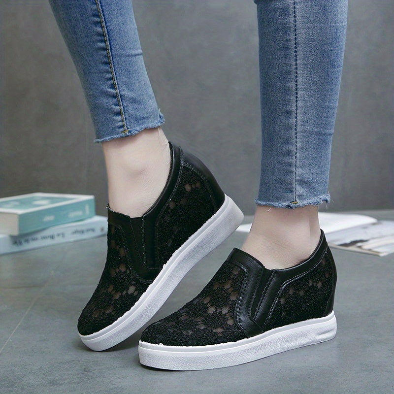 Women's Floral Mesh Sneakers Closed Toe Slip On Height Increasing Wedge Shoes