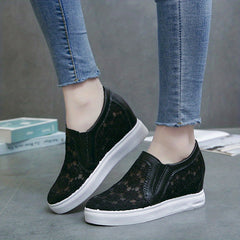 Women's Floral Mesh Sneakers Closed Toe Slip On Height Increasing Wedge Shoes