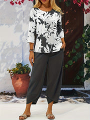 Plant Print 3/4 Sleeve Crew Neck Two Piece Set
