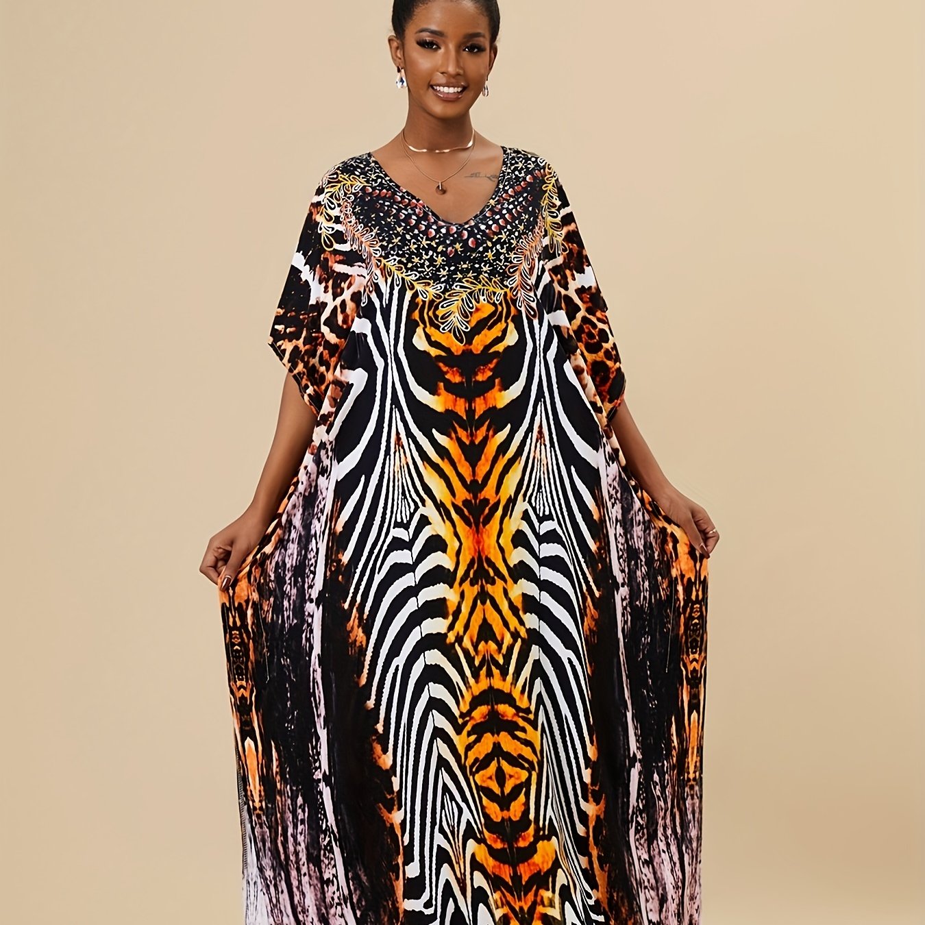 Boho Style Cover Up Dress V Neck Loose Fit Split Beachwear Kaftan