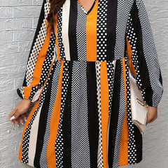  Colorblock Dot Print Long Sleeve Mini Dress