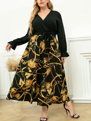 Chain Print Ruffled Surplice Neck Dress With Belt