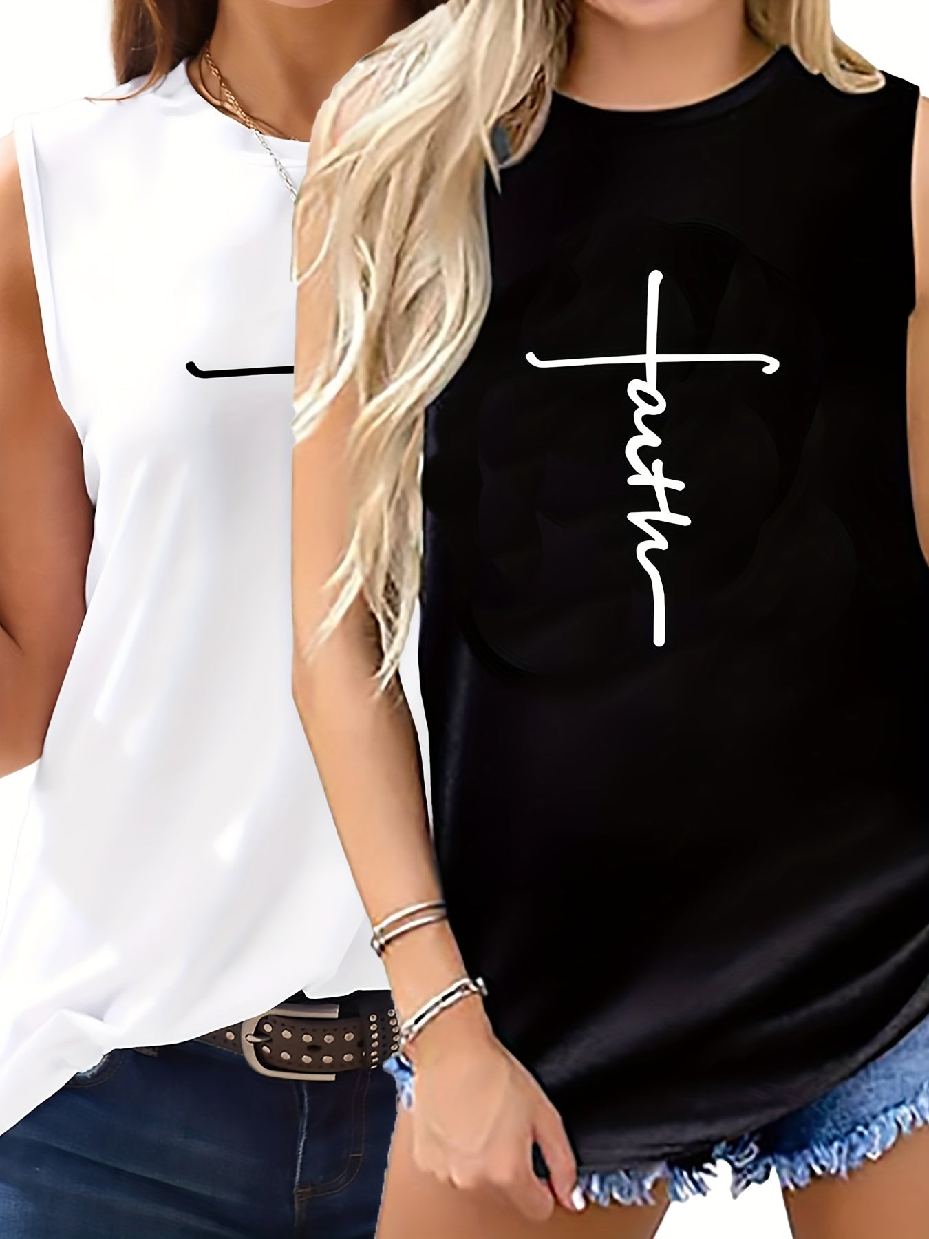 Faith Print 2pcs Tank Top Set Sleeveless Crew Neck Casual Two piece Set