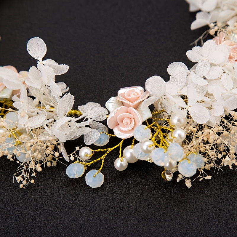 Bridal Headband Wedding Hair Band with Faux Crystal Pearl Flower