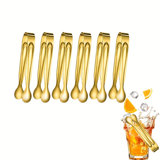 6PCS Stainless Steel Ice Clamps Golden Mini Tongs for Appetizer Dessert
