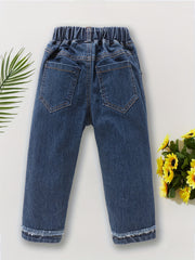 Kid Girls Casual Denim Pants Trousers Elastic Waist Regular Fit Jeans