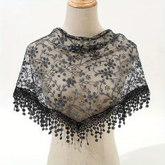 Floral Embroidery Triangle Scarf Lace Tassel Head Wrap