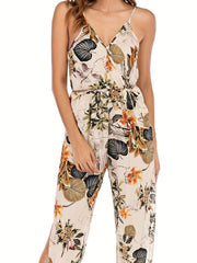  Leaf Print Surplice Neck Jumpsuit With Belt