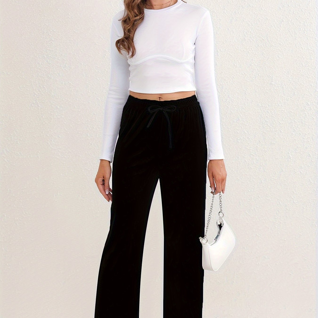 Elastic High Waist Sports Pants Wide Legs Stretchy Trousers