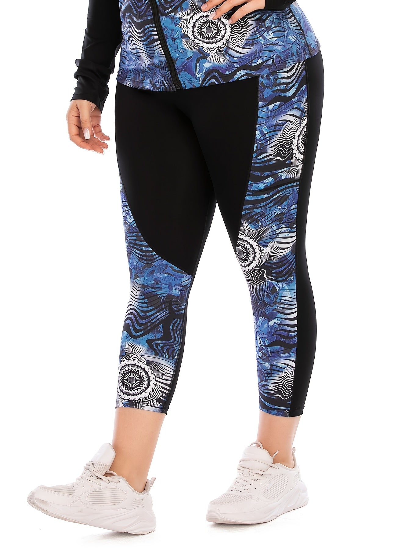  Colorblock Print Yoga Sports Leggings With Pocket