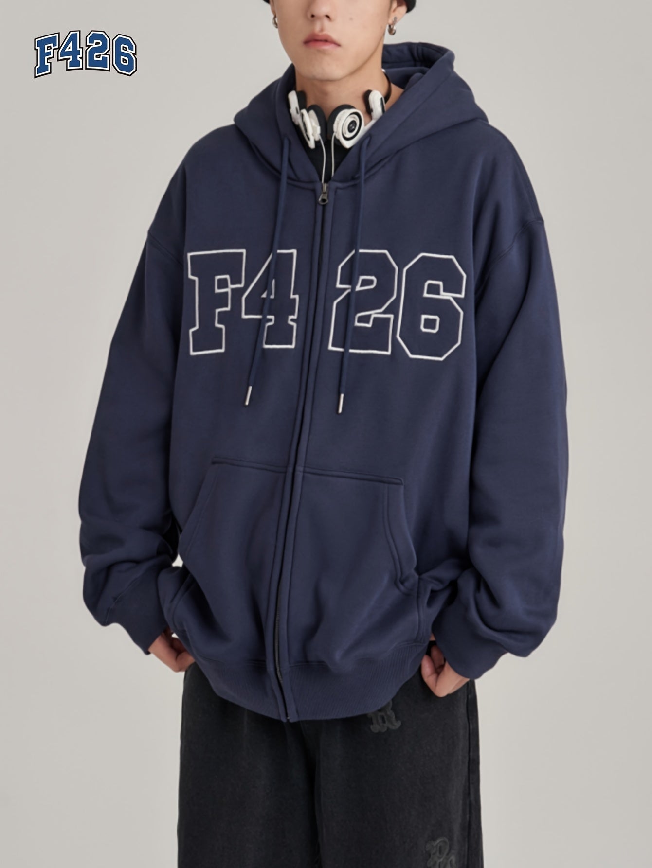 Casual Embroidery Men's Zip Up Hooded Coat