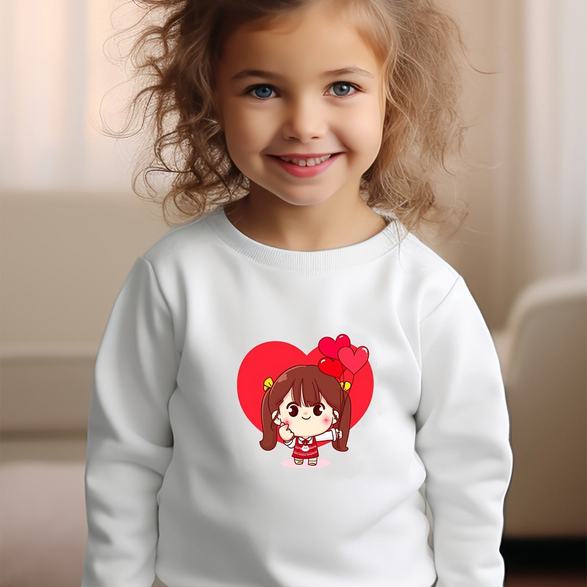 Girls Heart Pattern Crew Neck Sweatshirt for Spring Fall