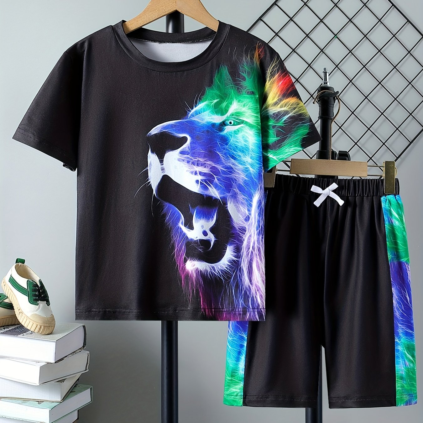 Boys 2pcs T shirt & Shorts Set 3D Lion Print Casual Outfits Kids Clothes