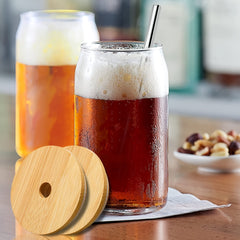 2pcs Can Glass Cups Bamboo Lids 500ml Thick Drinking Glasses Set