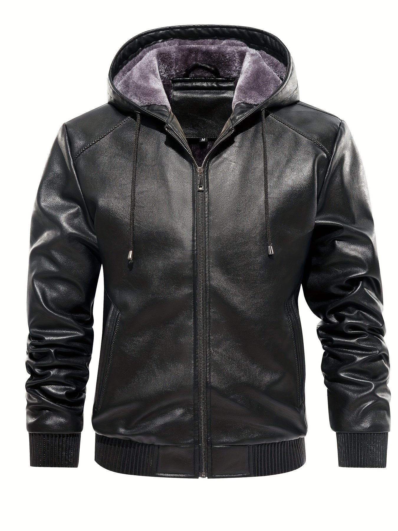 Men's PU Leather Hooded Jacket Windproof Waterproof Thick
