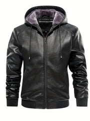 Men's PU Leather Hooded Jacket Windproof Waterproof Thick