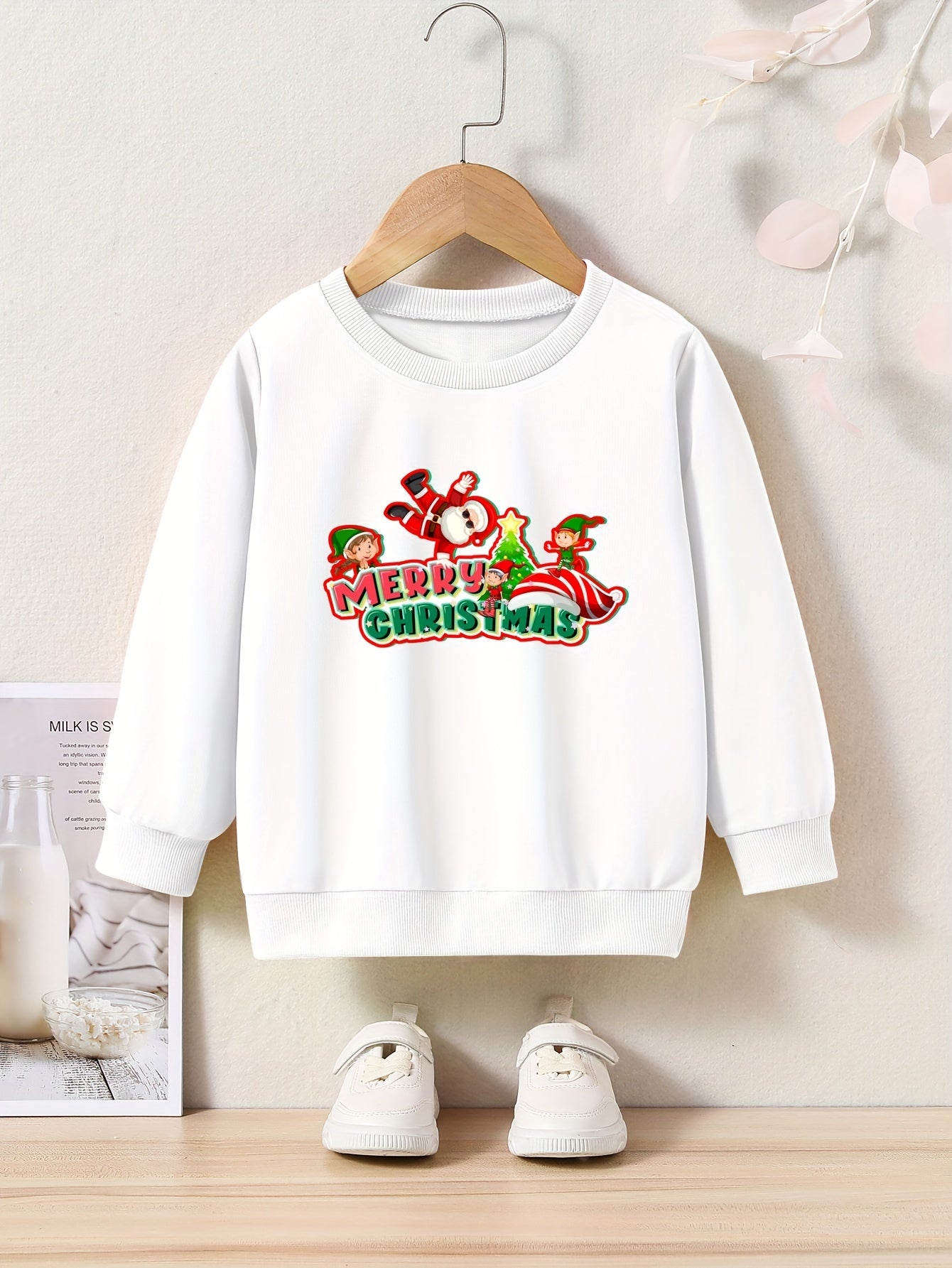 Santa & Elf Graphic Crew Neck Long Sleeve Sweatshirt Kids Christmas Gift