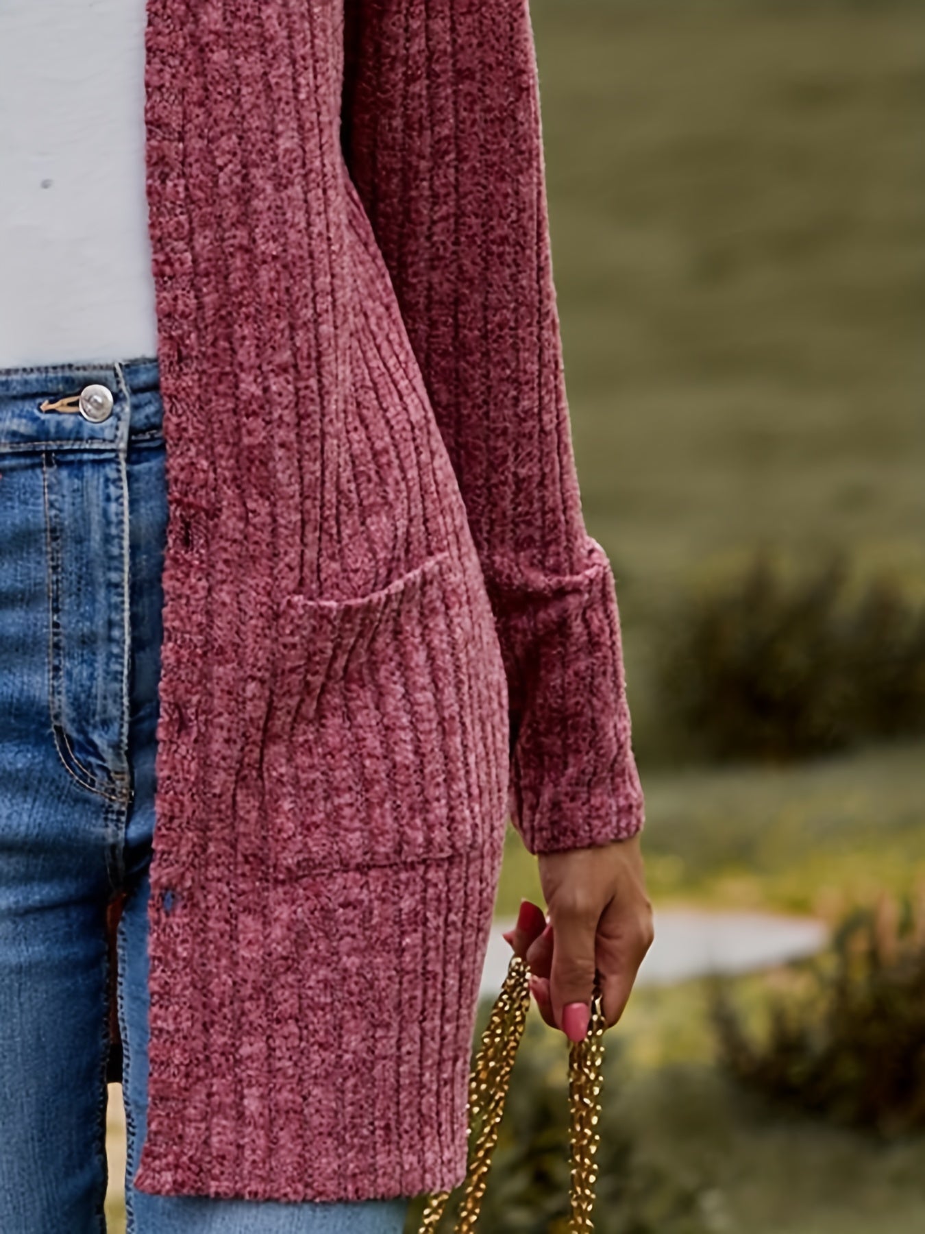  Solid Ribbed Button Up Cardigan with Pockets