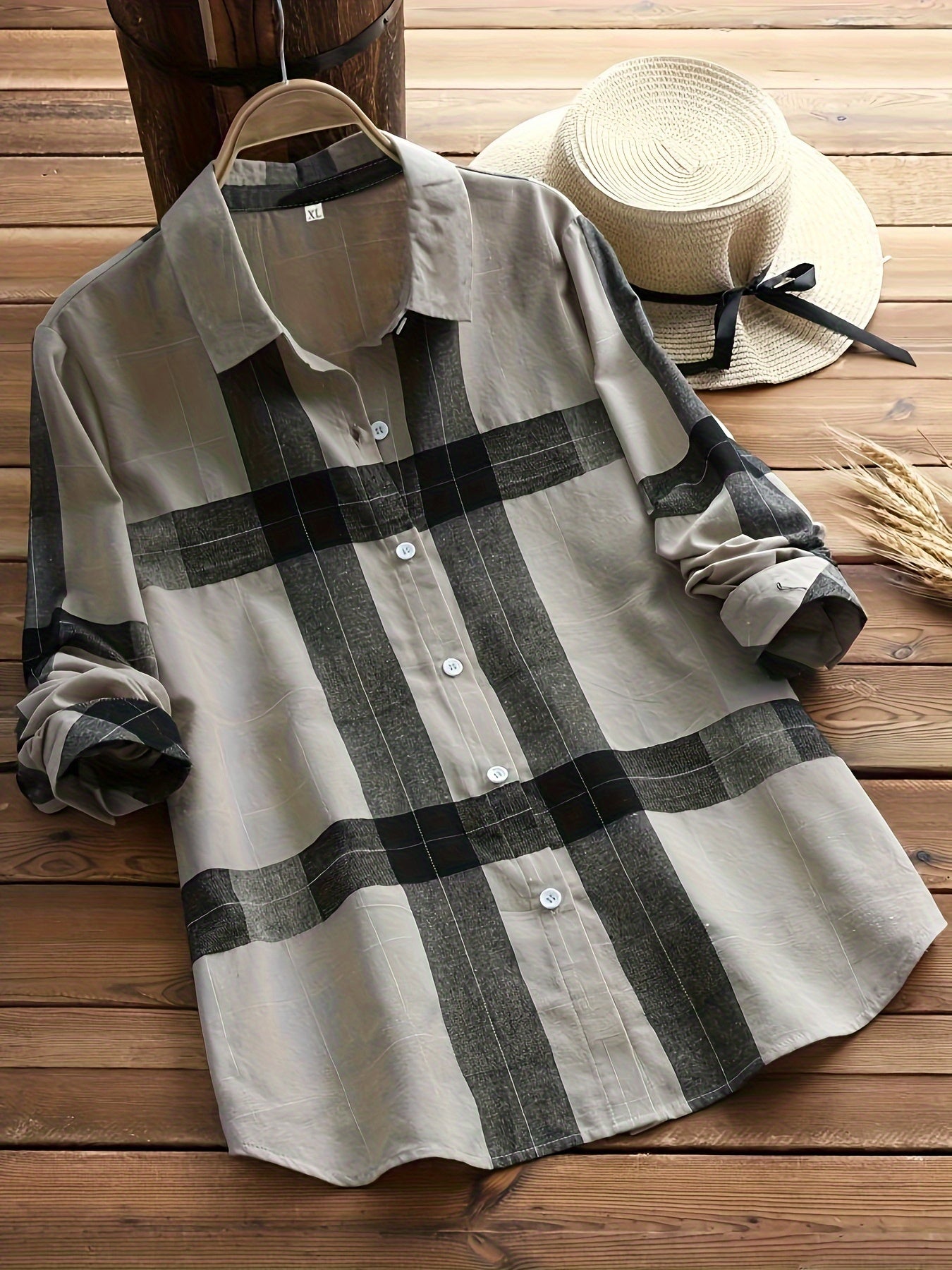 Plaid Print Long Sleeve Button Up Shirt Top