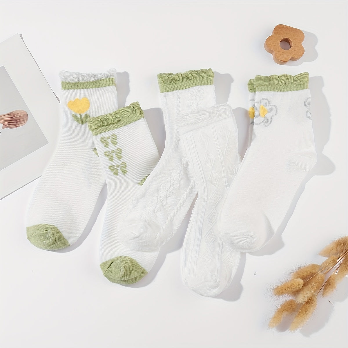 5 Pairs Floral & Bow Print Socks Comfy & Ruffle Mid Tube Socks Women's Stockings