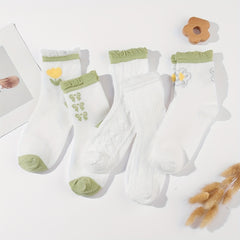 5 Pairs Floral & Bow Print Socks Comfy & Ruffle Mid Tube Socks Women's Stockings
