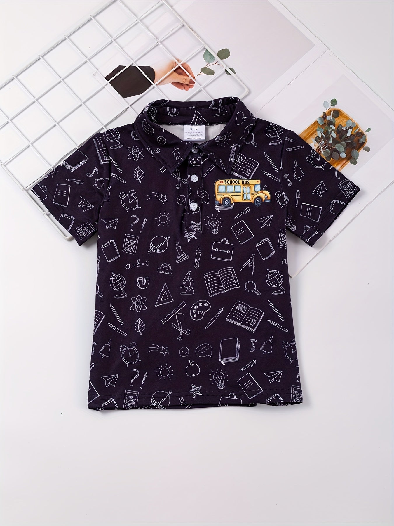 School Bus Print Dress and Polo Shirt Set for Siblings