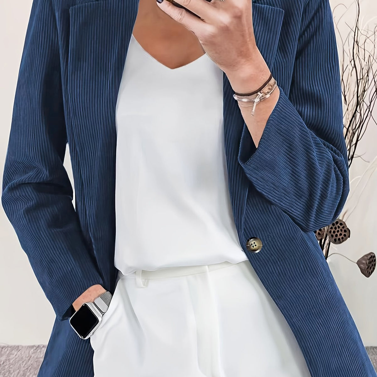  Corduroy Casual Blazer Women's Long Sleeve Slim Fit Lapel Collar