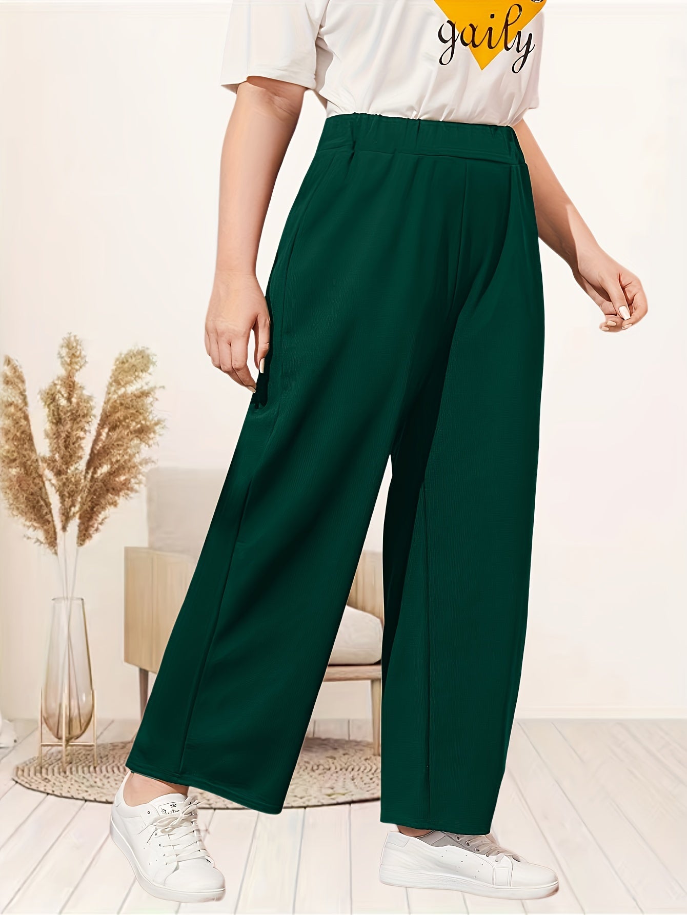  Solid Elastic High Rise Wide Leg Pants