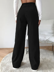  Solid Ribbed Button Fly High Rise Wide Leg Trousers