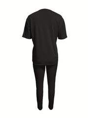 Dragonfly Print Two Piece Set Crew Neck Short Sleeve Top & Slim Pants