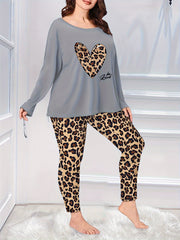  Casual Pajamas Set Women's Plus Leopard Heart Print