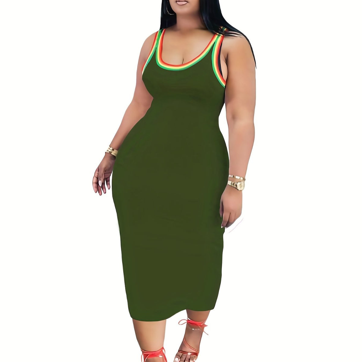  Casual Tank Dress Women's Plus Colorblock Rainbow Trim Round Neck