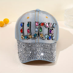 Distressed Denim Dad Hat with Rhinestone LUCK Patch