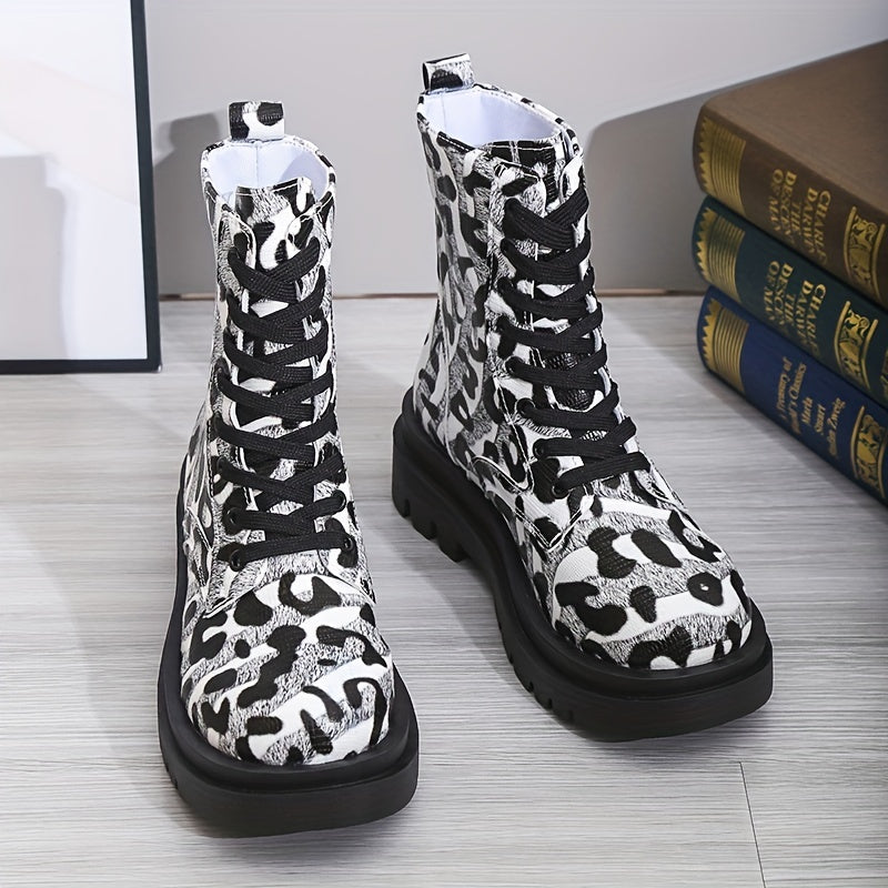 Leopard Print Combat Boots Lace Up Platform Ankle Boots