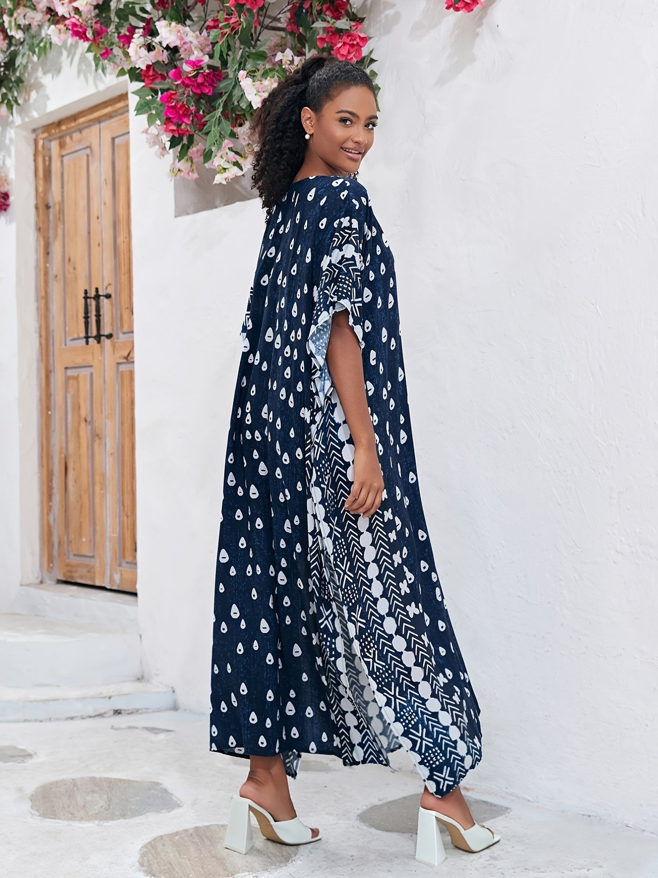  Boho Kaftan Dress Women's Allover Print Batwing Sleeve V Neck