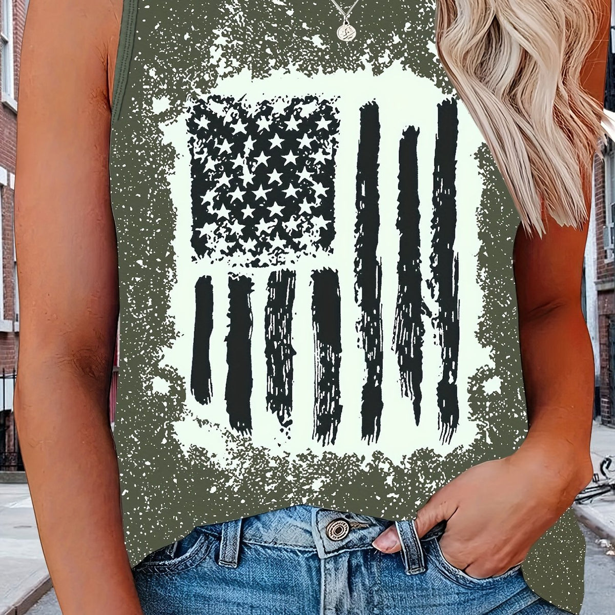 Flag Print Round Neck Tank Top Women's Plus