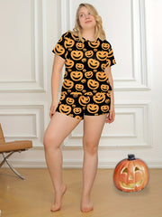  Halloween Pajama Set Women's Pumpkin Print Tee & Shorts Loungewear