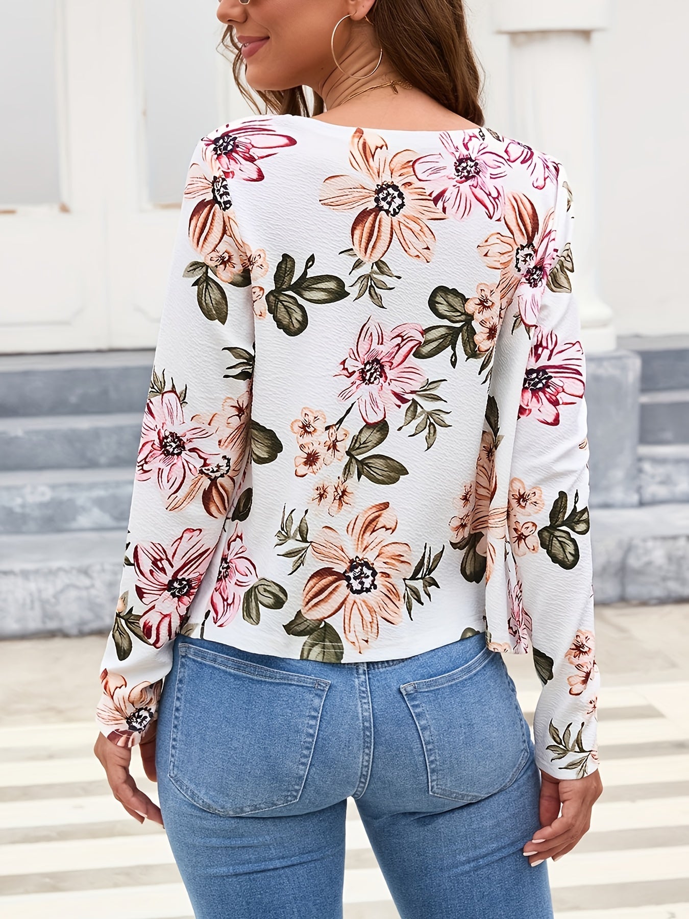 Floral Print Open Front Cardigan Long Sleeve Outerwear