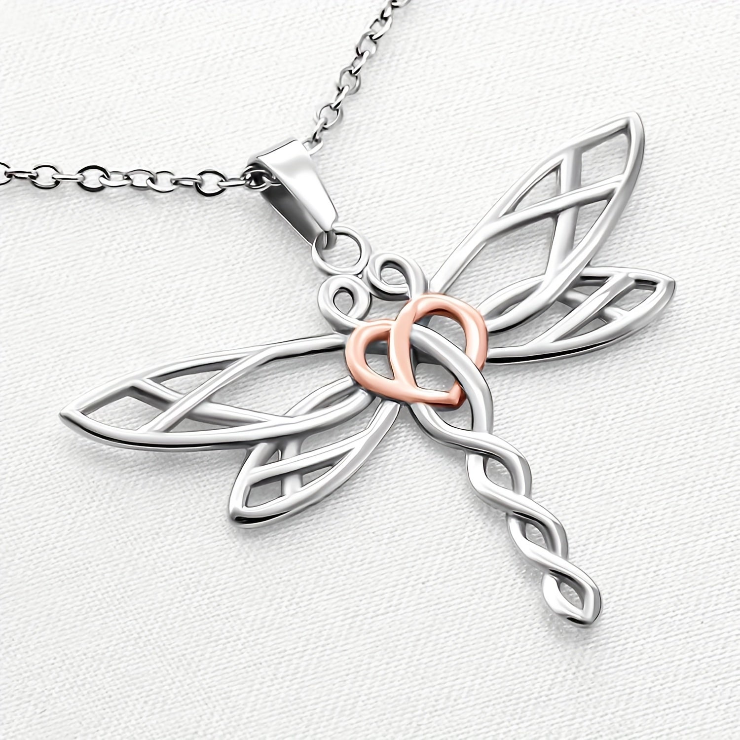 Dragonfly Pendant Bicolor Stainless Steel Chain Gift Necklace Card