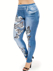  Denim & Butterfly Print Skinny Leggings