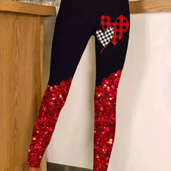  Colorblock Plaid Heart Print Leggings Medium Stretch Slim Fit