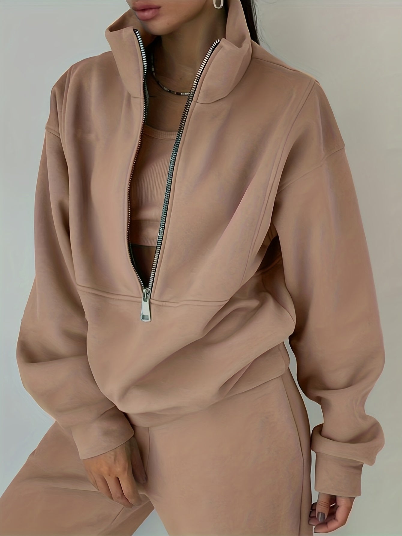 Casual Matching Two piece Set Zip Up Sweatshirt & Solid Sweatpants