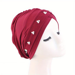 Faux Pearl Decor Turban Cap Solid Beanie Ruched Head Wrap