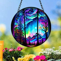 Aurora Forest Mountain Night View Suncatcher