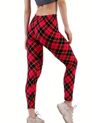 Plaid Print Leggings High Waist Slim Fit Casual Bottoms