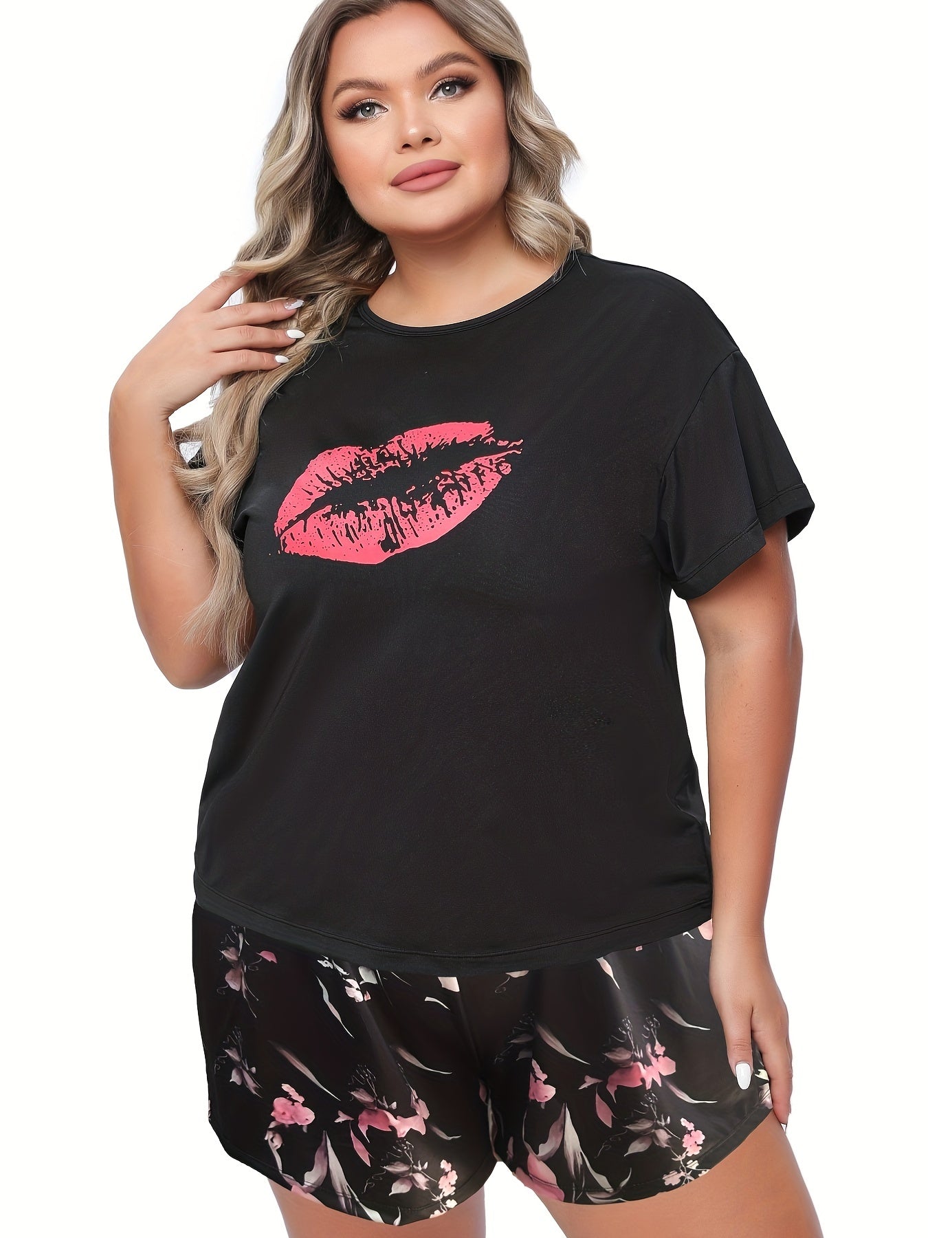  Kiss Print Tee & Satin Floral Shorts Pajama Set