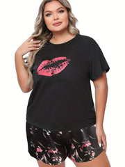  Kiss Print Tee & Satin Floral Shorts Pajama Set